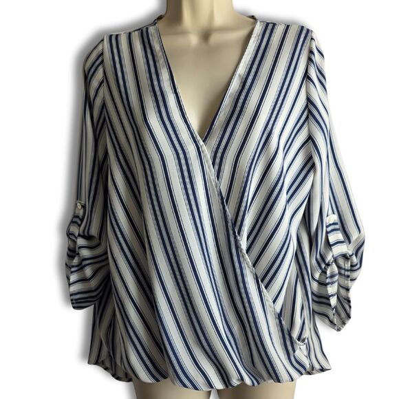WEST KEI Faux Wrap Blouse M Blue Stripe 3/4 Slv - Picture 2 of 8